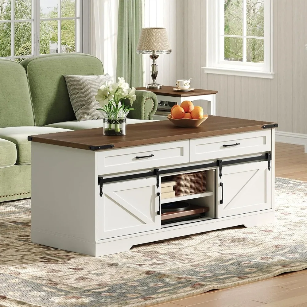 47 Farmhouse Coffee Table with Storage and 2 Drawers, Large Rustic Center Table with Sliding Barn Doors & Open Compartments, Woo