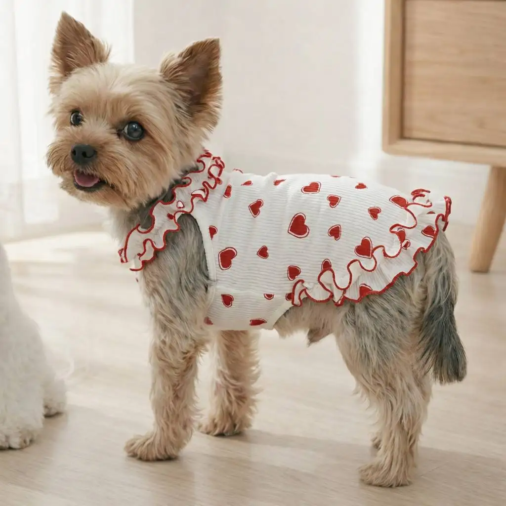Vestido sin mangas para perro y gato, falda floral corazón rojo - imagen 3