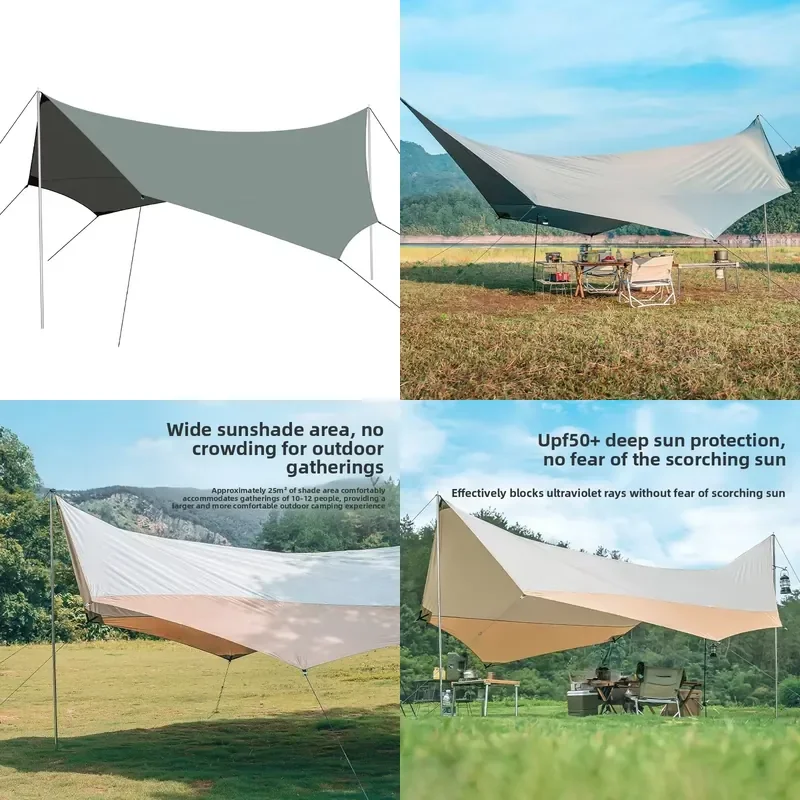 Octagonal Camping Tarp 25 Silver-Coated 210D Oxford Waterproof 3000mm UPF50+ UV Sun Shelter with 2.4m Stainless Steel Poles