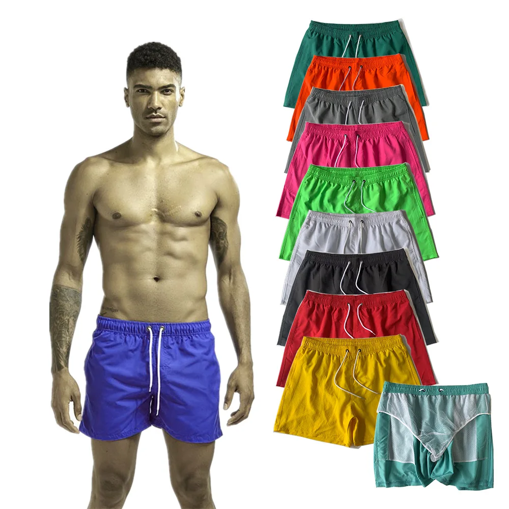 

2025 Men's Casual Trendy Solid Color Shorts Male Quick Drying Drawstring Swimming Polyester Slim Shorts Male Sports Clothes