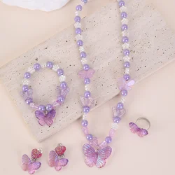Children's Girl Princess Bracelet Pearl Jewelry Cartoon Butterfly Bracelet Necklace Ring Earrings suit