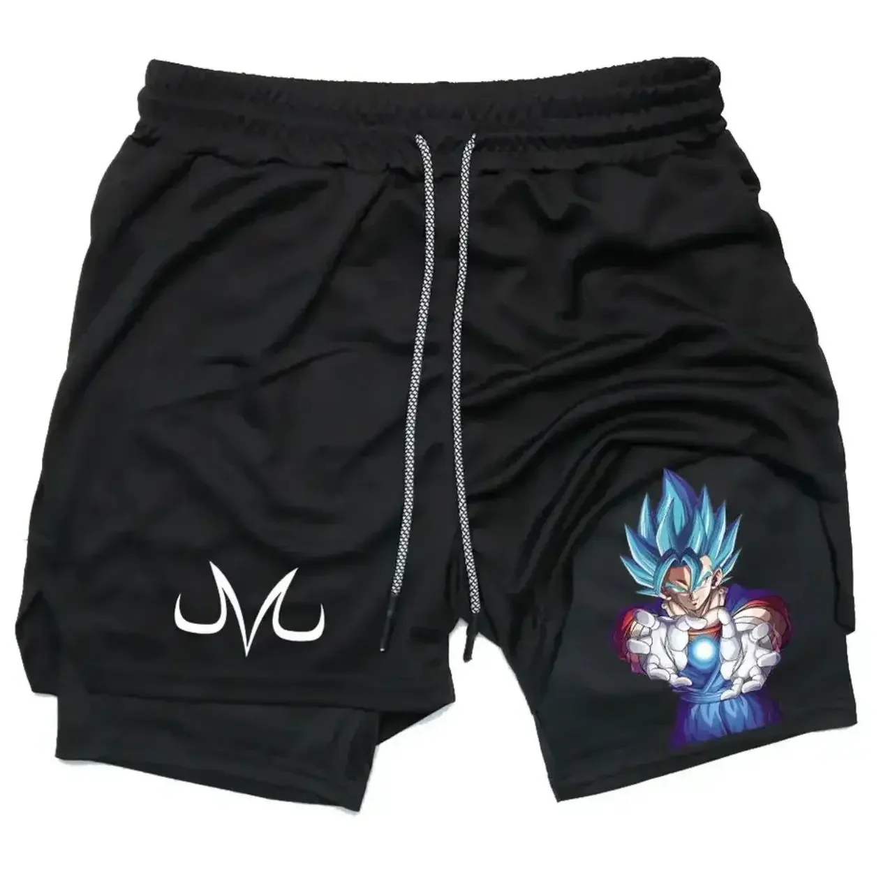 Dragon Ball Pantalones cortos deportivos negros de moda Super Saiyan Blue Hair Fighter Print con pose de carga Logotipo blanco M Texto Jvc punteado