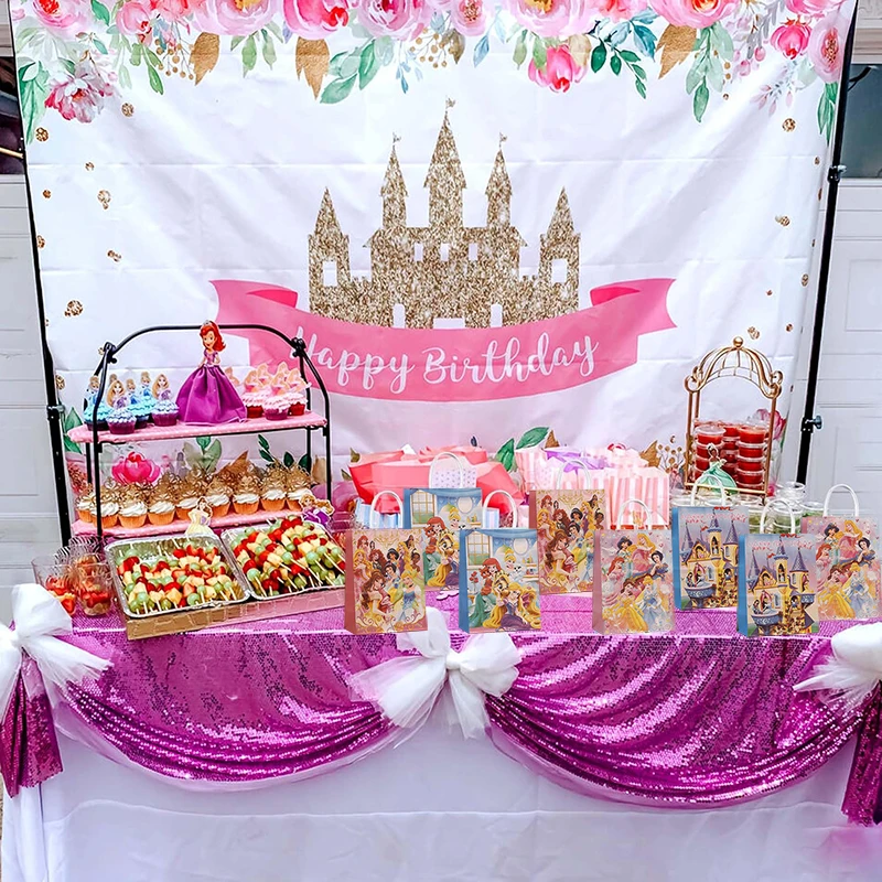 12/24szt Torby Kraft z uchwytem księżniczki z uchwytem Torba papierowa Disney Princess Baby Shower Dziewczynki Urodziny Ulubione torby na prezenty