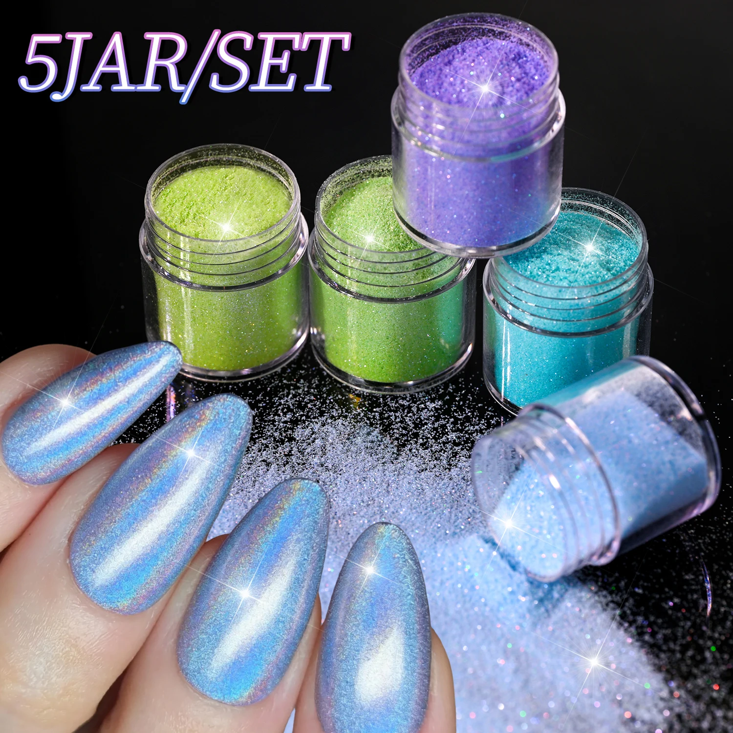 5Jars Shimmer Sugar Sand Nail Powder Macaron Green Blue Purple Tone Nails Pigment Dust DIY French Tip Manicure Decor Powders pa