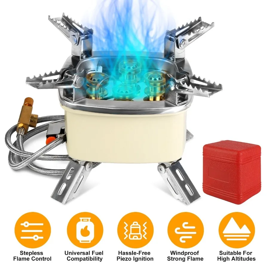 

13000W Portable Windproof Camping Stove Five Gas Cooking Burner with Piezo Ignition Stepless Flame Control Fit For ISObutane Pr