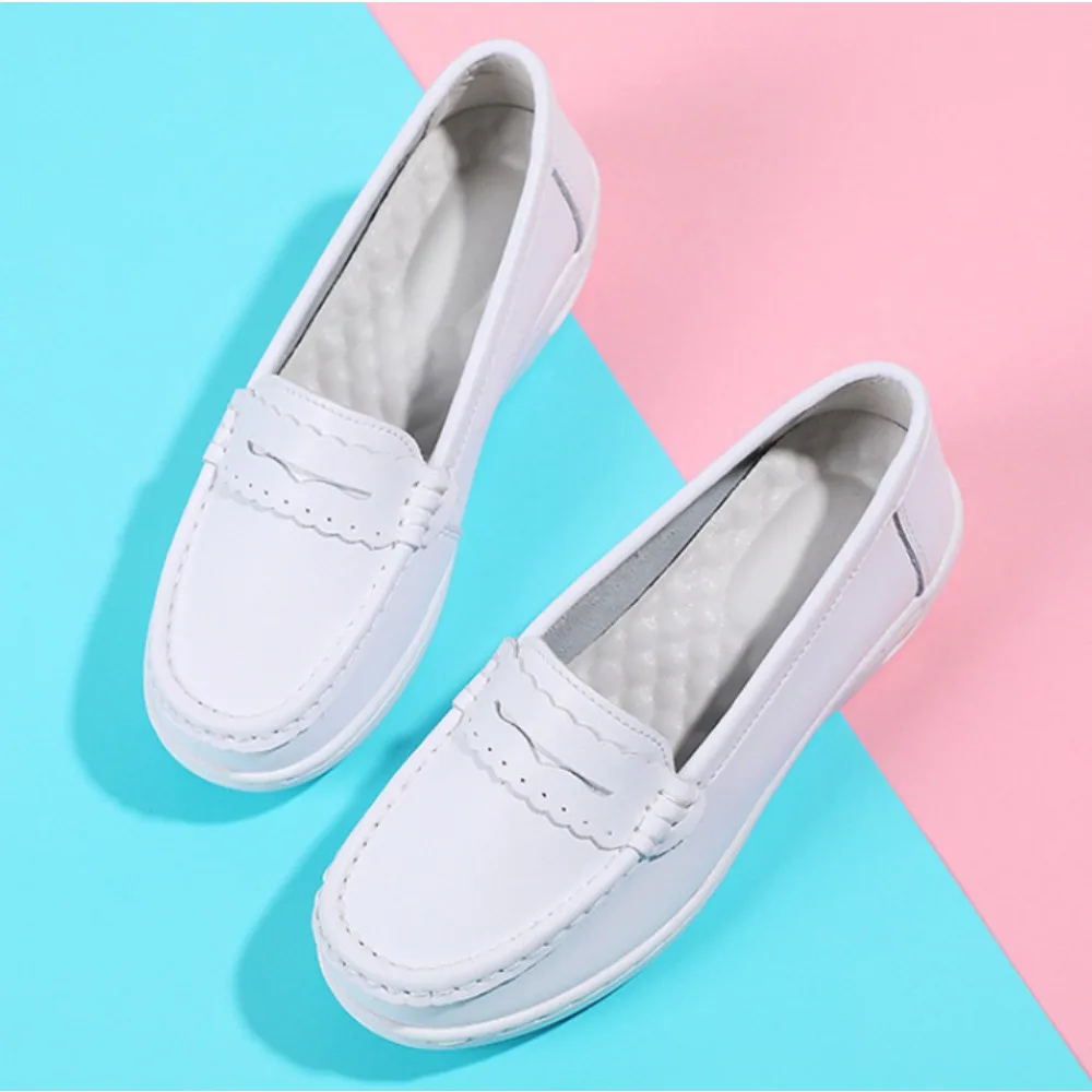 Spring/Summer New White Nurse Shoes with Air Cushion Genuine Leather Breathable and Odor Proof Soft Soled Work Shoes Platform