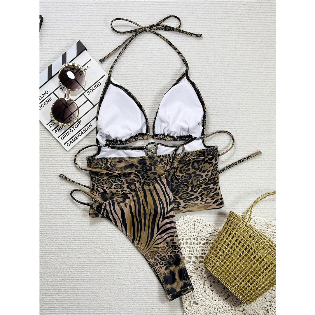 Leopard-Halter-Bikini mit Schnürung und hohem Beinausschnitt, zweiteiliger Bikini-Set, Damen-Badeanzug, Badebekleidung, Badeanzug, Schwimmbekleidung V6471 – Detail 9