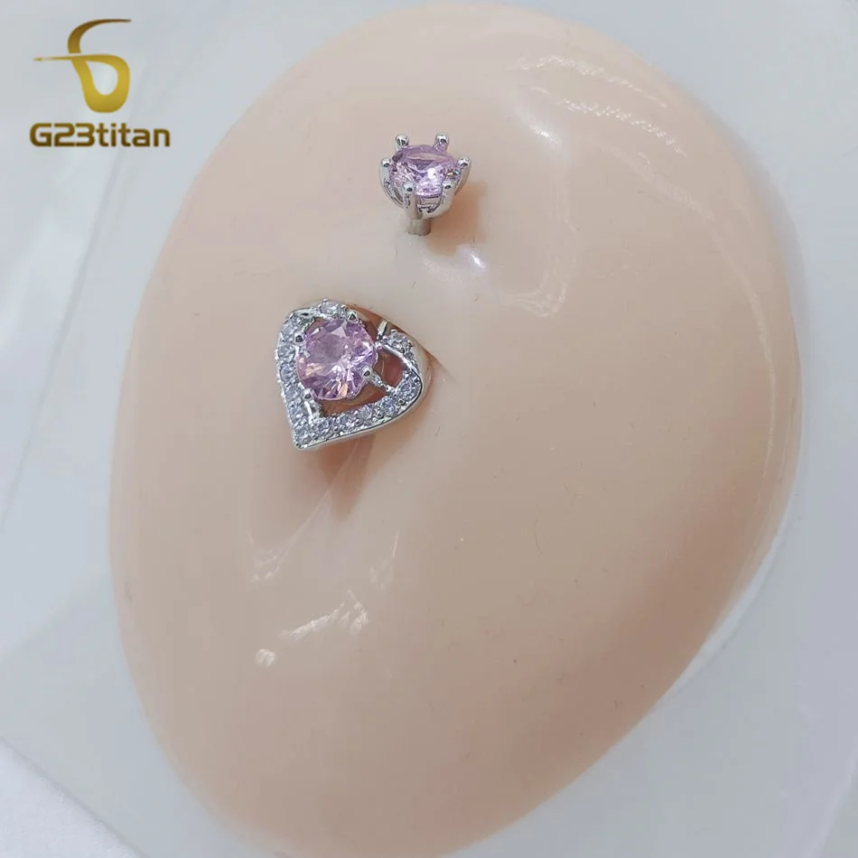 G23Titan 14G Piercing Pink Zircon Heart Navel Ring Surgical Titanium Steel Ombligo Shiny Cartilage Body Women Jewelry Gifts