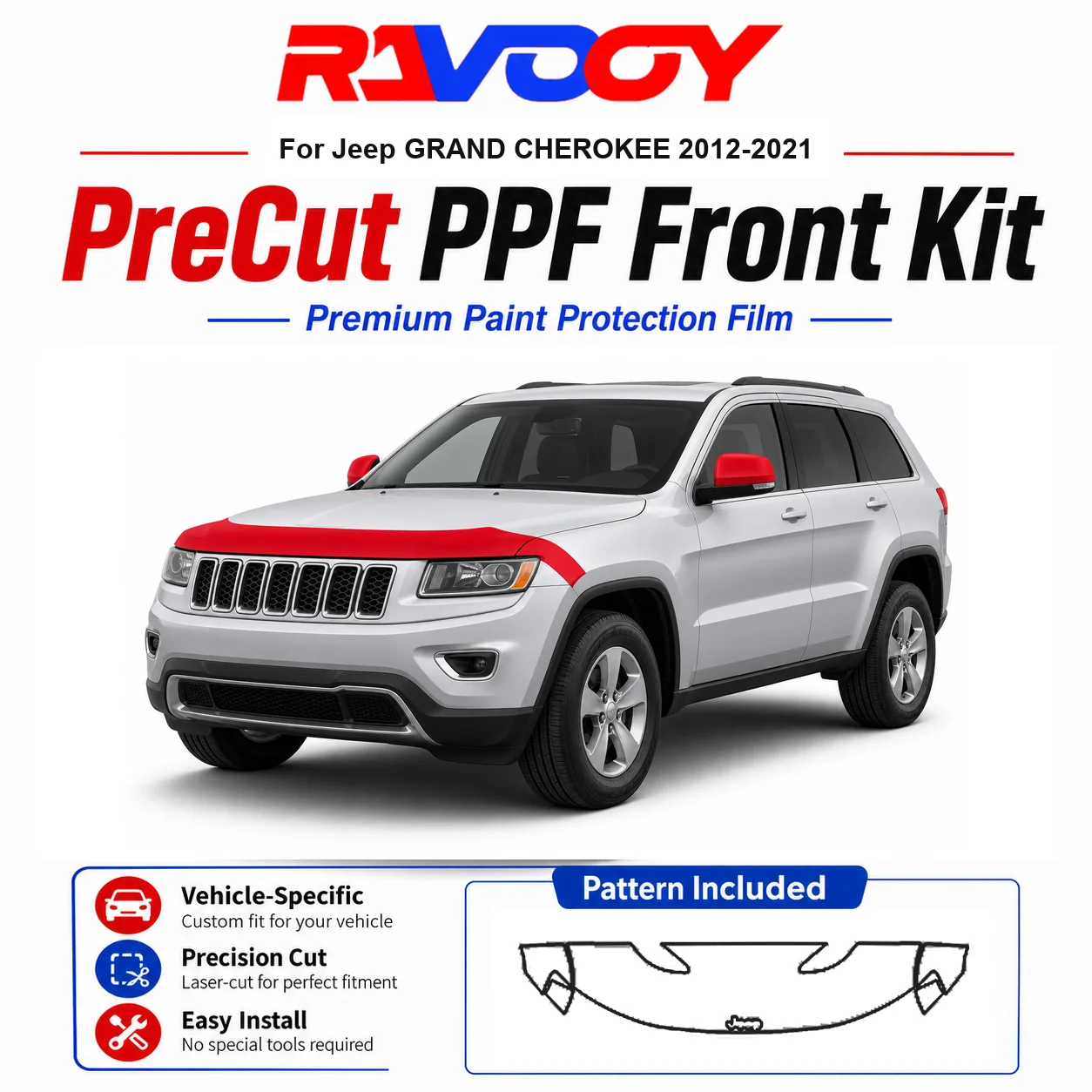 

8.5mil TPU Precut PPF Kit For Jeep GRAND CHEROKEE 2012-2021 - Hood, Fenders & Mirror Set - Self-Healing Clear Bra Film