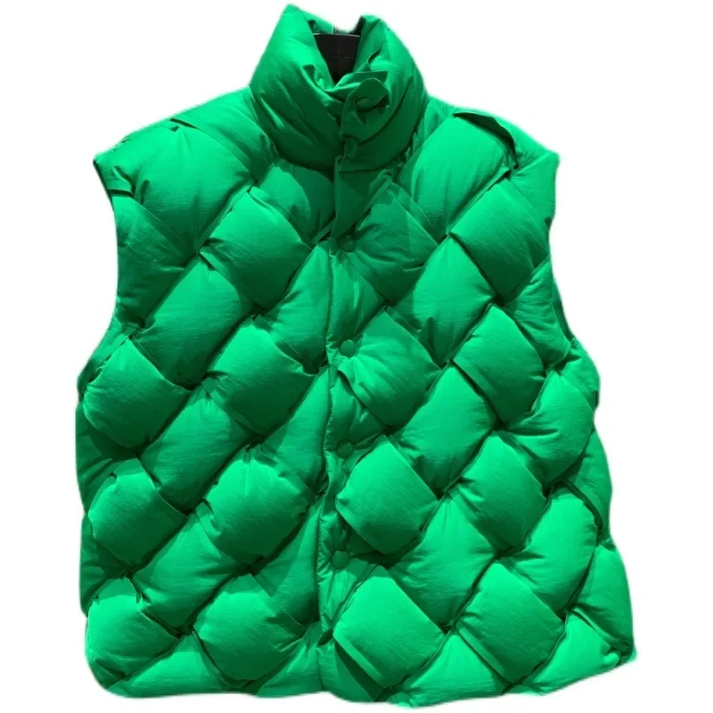 2023 Winter New Fashion Woven Pattern Warm Down Vest Jacket Female Green Loose-Fitting Rabbit Fur Cotton Sleeveless Vests Ladies
