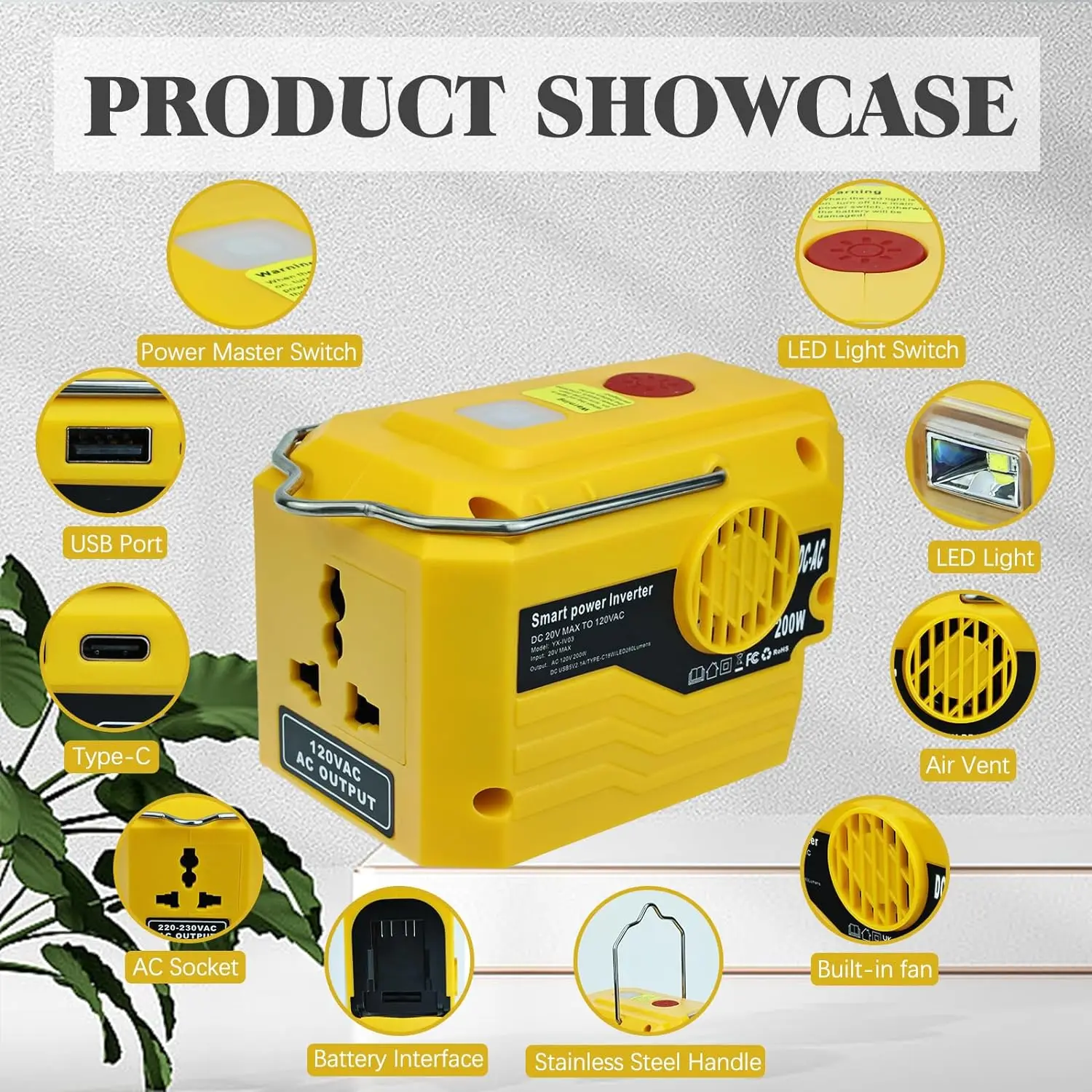 Adaptador de batería para Dewalt, convertidor de 220V con ganchos de elevación, herramienta eléctrica con puerto USB y luces de trabajo LED tipo c (sin batería)
