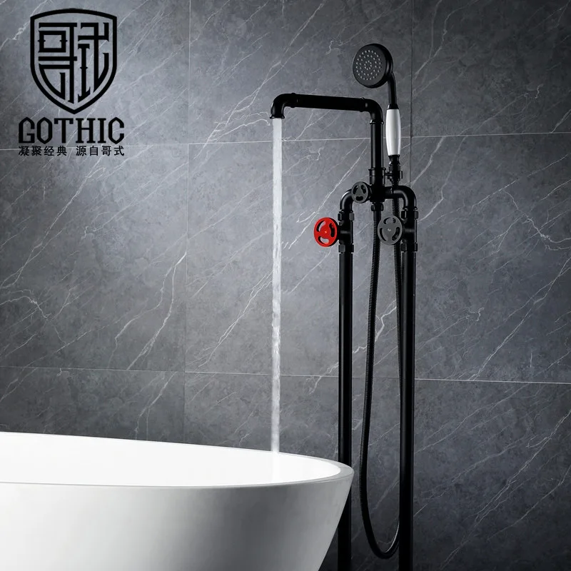 

Gothic Bathroom Retro Industrial Style Floor Standing Bathtub Faucet Black Copper Cylinder Side Small Shower Set Tub Mixer Tap