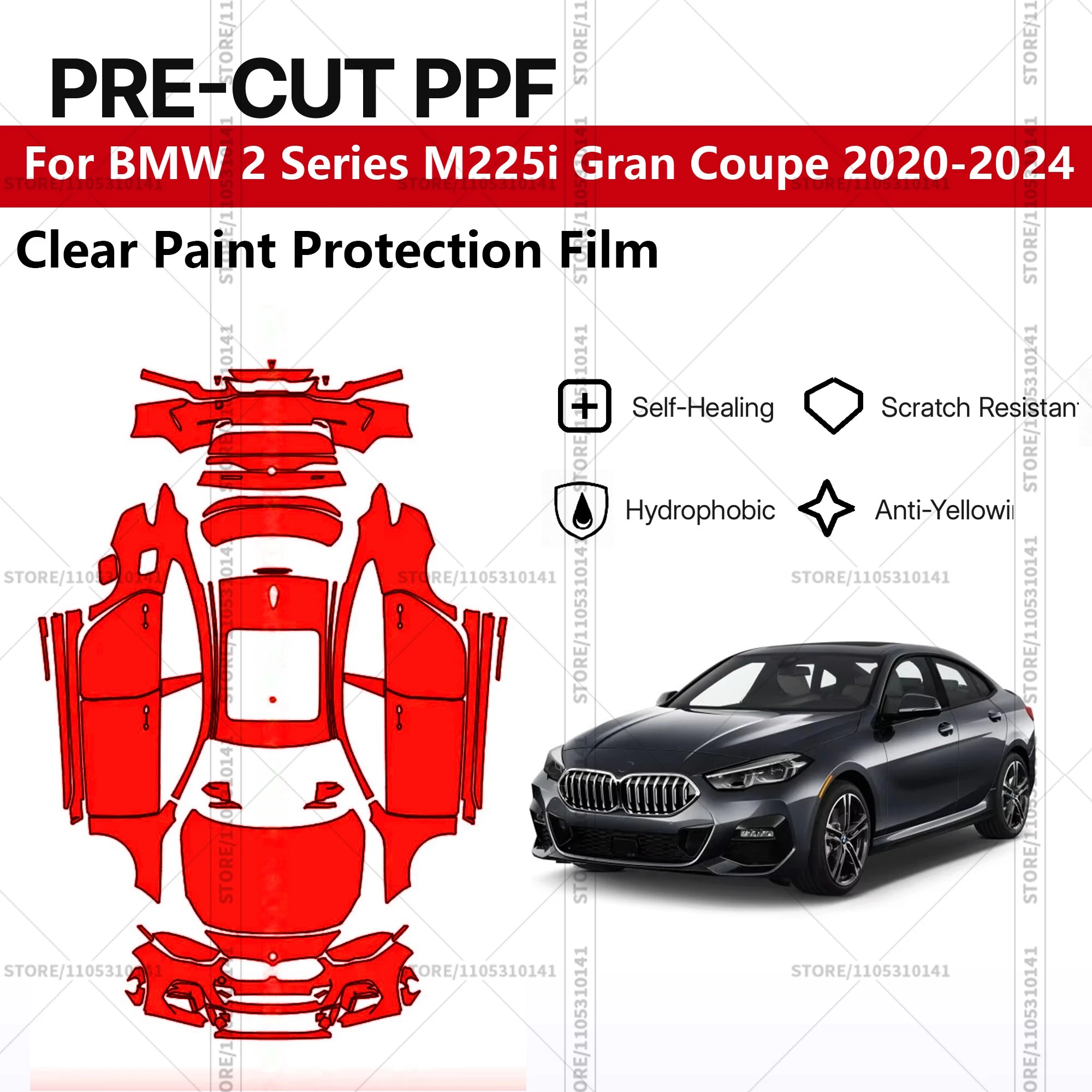 

Для BMW 2 серии M225i Gran Coupe 2020-2024: Предварительно вырезанная прозрачная защитная пленка PPF для автомобиля, полная защита кузова
