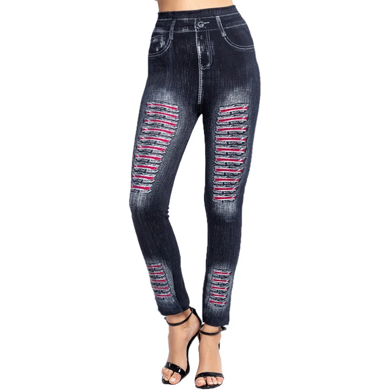 PD395 New European and American Fashion Striped Printed Denim Inspired Leggings with Elastic Hip Lifting Cropped Pants