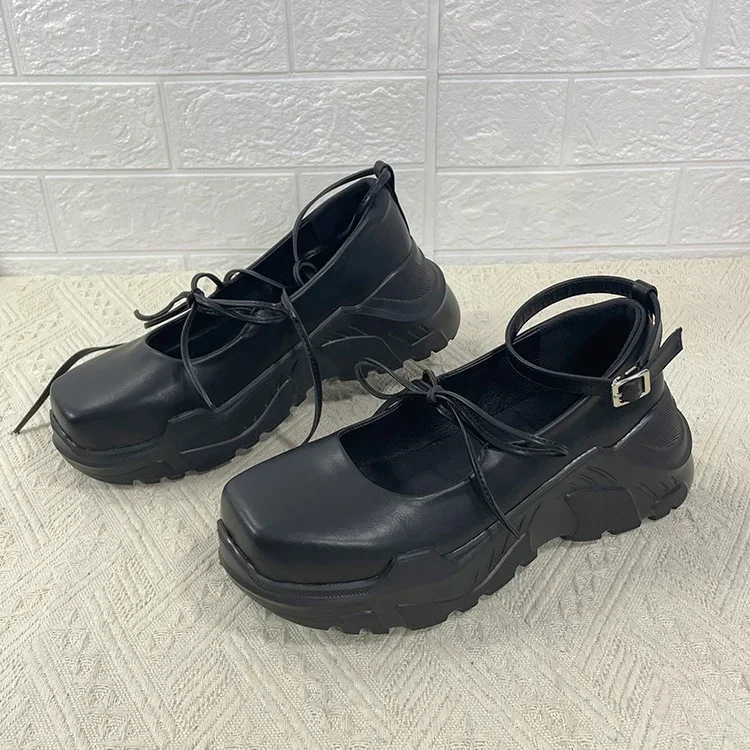2025 Spring New Style Women's Ballet Thick-Soled Bow-Knot Heightening Shoes Black/gold/silver Mary Jane Small Leather Shoes