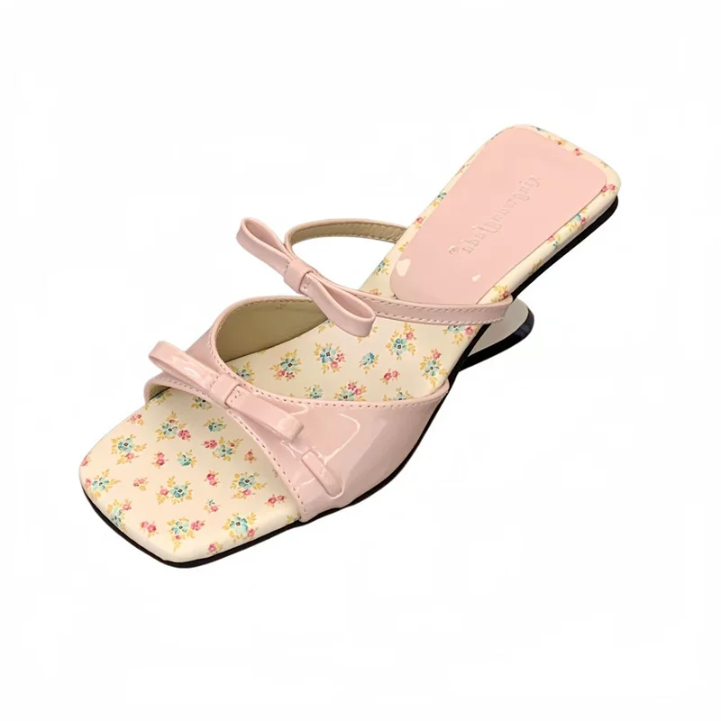 

Burgundy Wedges Heels For Woman Slippers Summer Pink Shoes Small Floral Print White Sandals Ladies Shoes Elegant Narrowband Bow