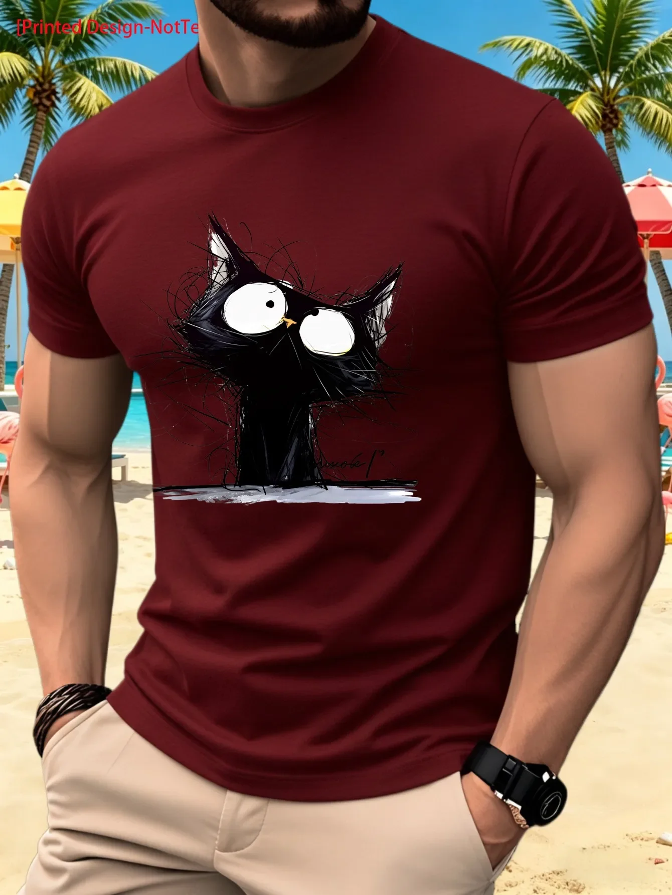 Funny Messy Fur Black Cat Sketch Graphic T Shirt for Men 3D Cartoon Cat Print Casual Short Sleeve Tops Gift For Cat Lovers