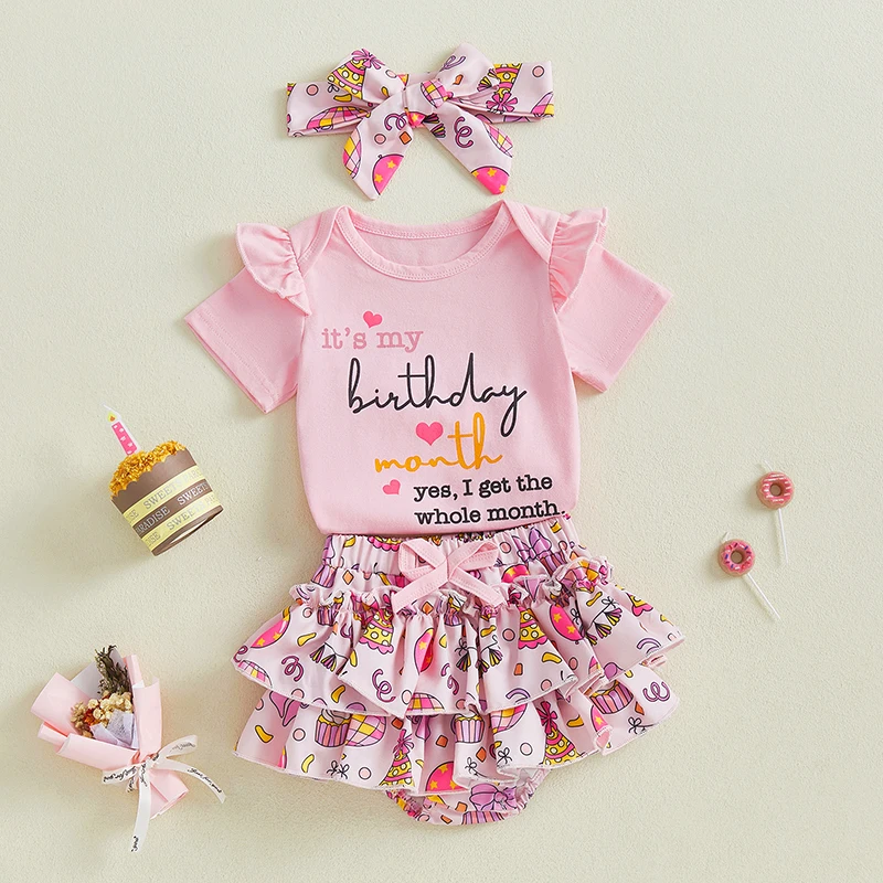 

Infant Baby Girls Birthday Outfits Letter Print Ruffles Short Sleeve Romper and Layered Skirt Shorts Cute Headband