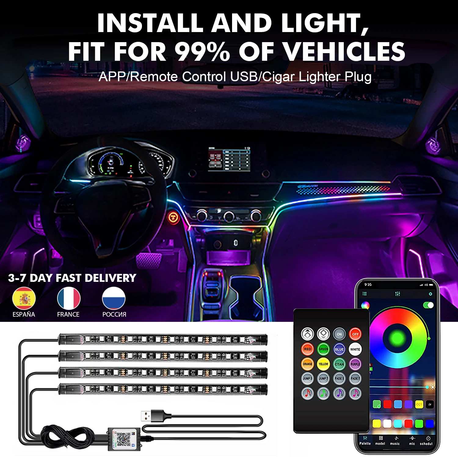 Luz ambiental Interior de coche neón 48 72 tira de luces subbrillantes flexibles para Control remoto por aplicación de coche decoración automotriz lámpara de cinta LED