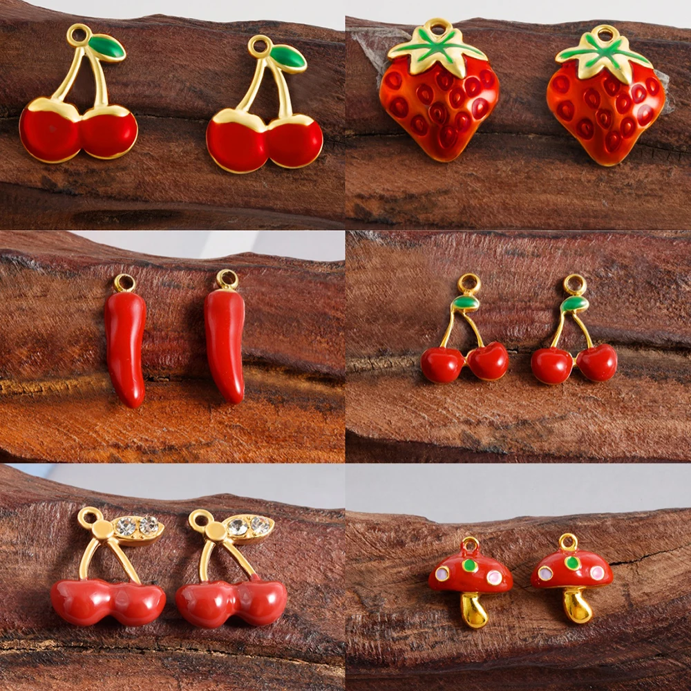 Stylish 2pcs/lot Stainless Steel Fruits Pendants Strawberry Cherry Pepper Watermelon Charms Keychain Necklace Earrings Findings