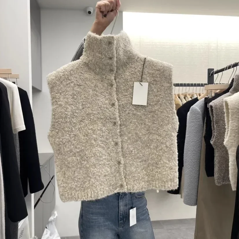 Spring Autumn Women Knitted Open Cardigan Sweater High Collar Sleeveless Vest Design Sense Korean Casual Commute Fit Outerwear