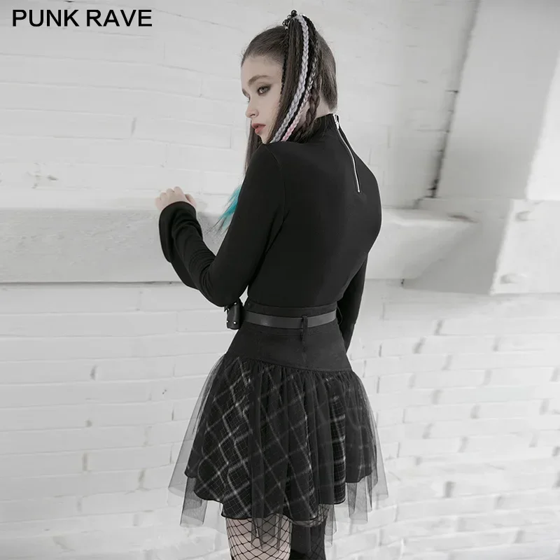 PUNK RAVE ผู้หญิง Punk สไตล์ตาข่ายเย็บลายสก๊อตสูงเอวกระโปรงสวมใส่ทุกวันบุคลิกภาพหนา Cool สาว Mini