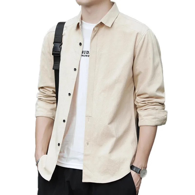 ゆったりとしたロング丈のメンズワークシャツ 春秋新作 スタイリッシュカジュアル ポリエステル繊維 若者向け デイリーウェア オフィスワークウェア