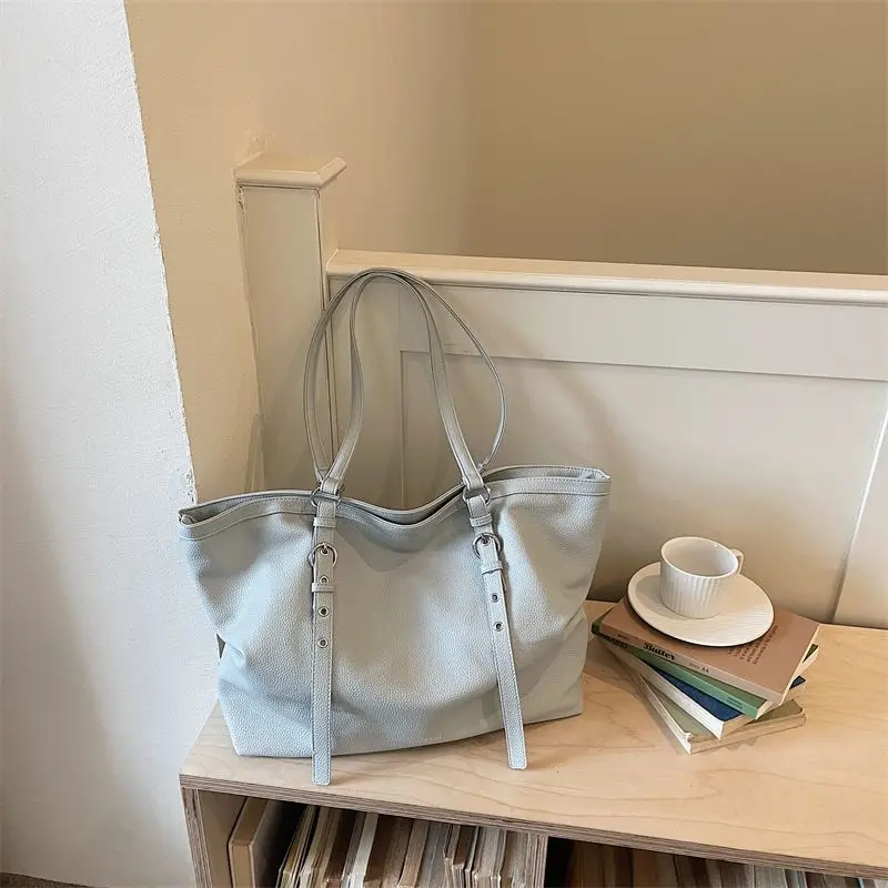 Beige Pink Blue Black Vintage Minimalist Large Capacity PU Leather Tote Bag Women Casual Shoulder Purse Handbag for Work Commute