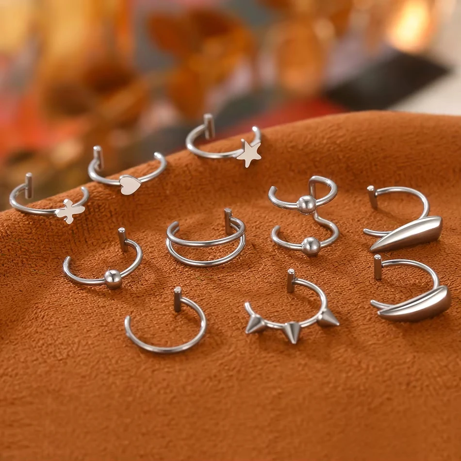 1-10pcs Stainless Steel C Shape Lip Ring Cross Star Heart Fake Piercing Nose Ring Women Body Jewelry Non-Pierced