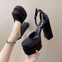 Women's Super High Heel Shoes Fall New Square Head Shallow Mouth Satin Drill Strip with Thick Sole Non-slip Low Top Shoes