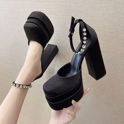 Women's Super High Heel Shoes Fall New Square Head Shallow Mouth Satin Drill Strip with Thick Sole Non-slip Low Top Shoes