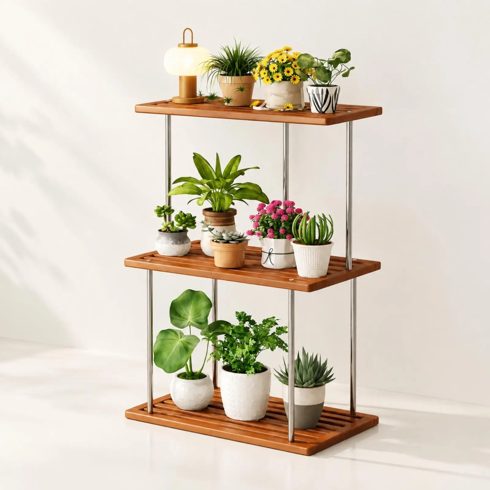 Three-Tier Bamboo Plant Rack Stable Bamboo Storage Rack with Stainless Steel Posts Multi-Level Plant Display Shelf Sturdy
