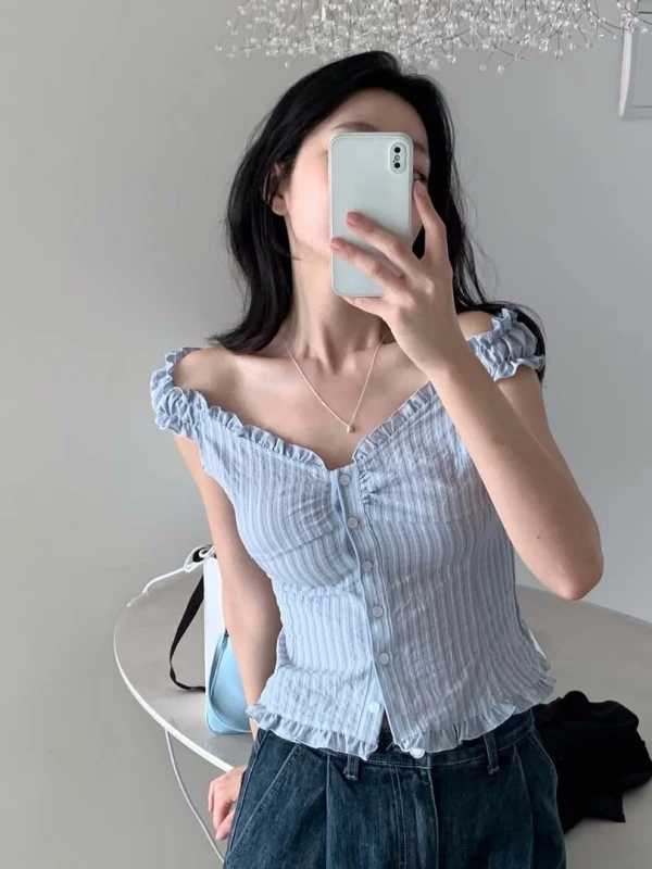 

Korean Style Women's Short Sleeve Slim Fit Shirt Elegant Pure Desire Gentle Stripe Wood Ear Trim Shirt Tea Flavor Delicate Top