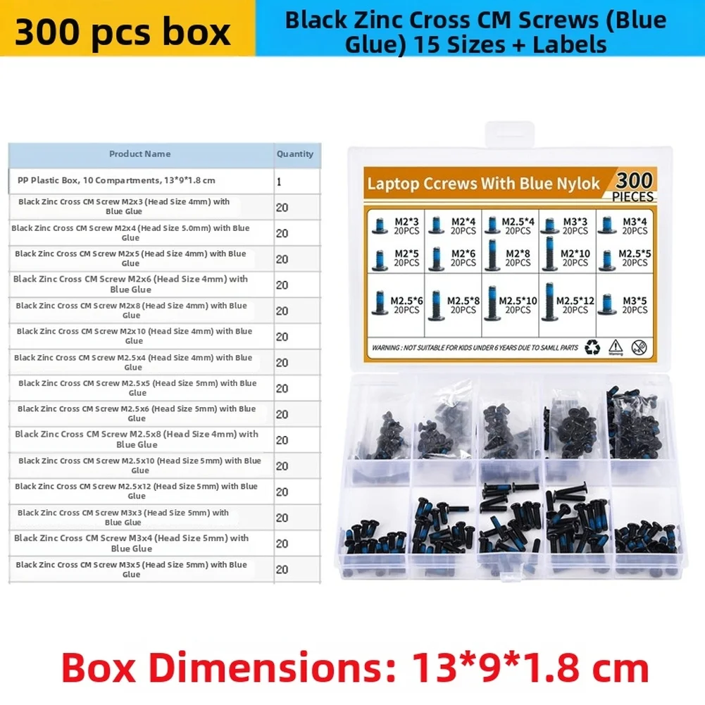 300pcs for cross CM Screws Black Zinc Coated with for Blue Threadlocker to Resist Loosening Under Vibration or Movement