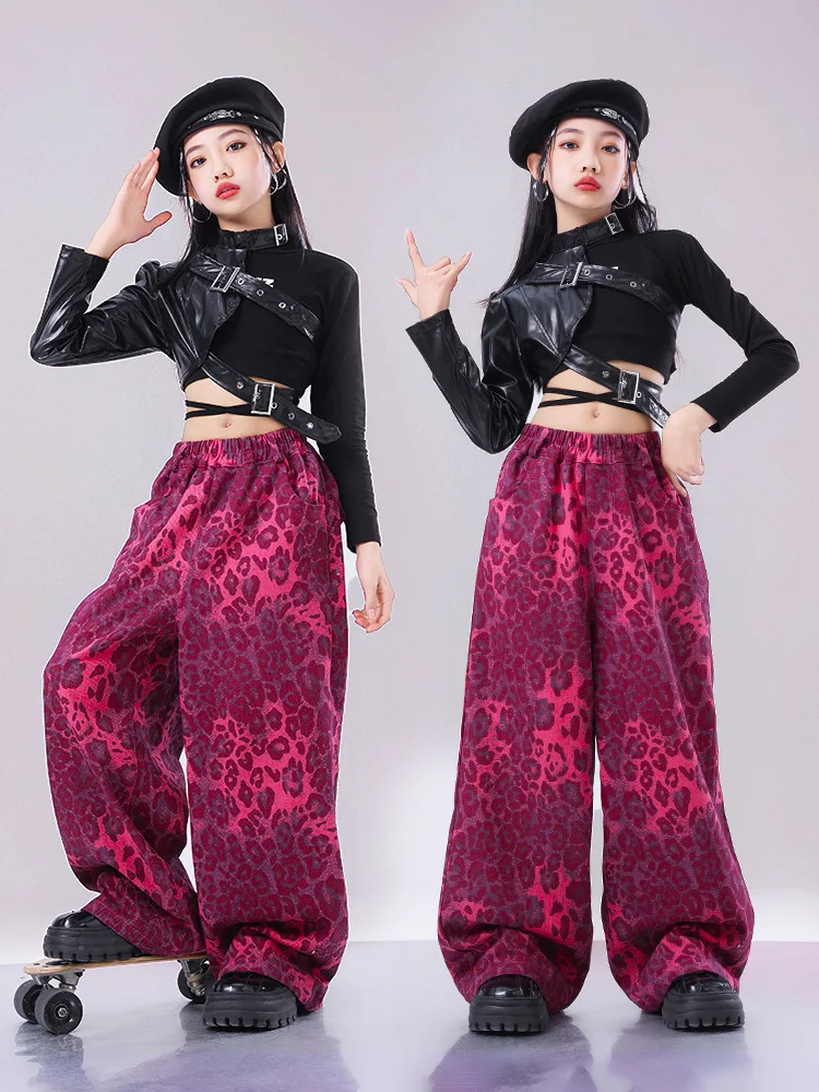 Kid Hip Hop Clothing Pink Leopard Crop Shirt Top Lace up Shorts Leg Warmers Wide Pants for Girl Jazz Dance Wear Costume Clothes