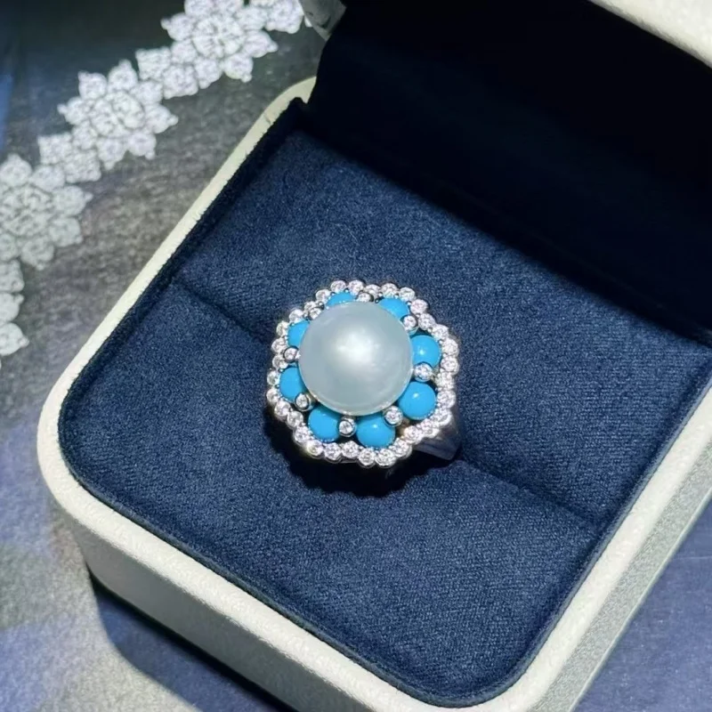 

SGARIT 100% стерлингового серебра 925 пробы, кольцо с цветочным жемчугом, 11-12 мм, бирюзовый высокоуглеродистый бриллиант, драгоценный камень, женское кольцо, регулируемое