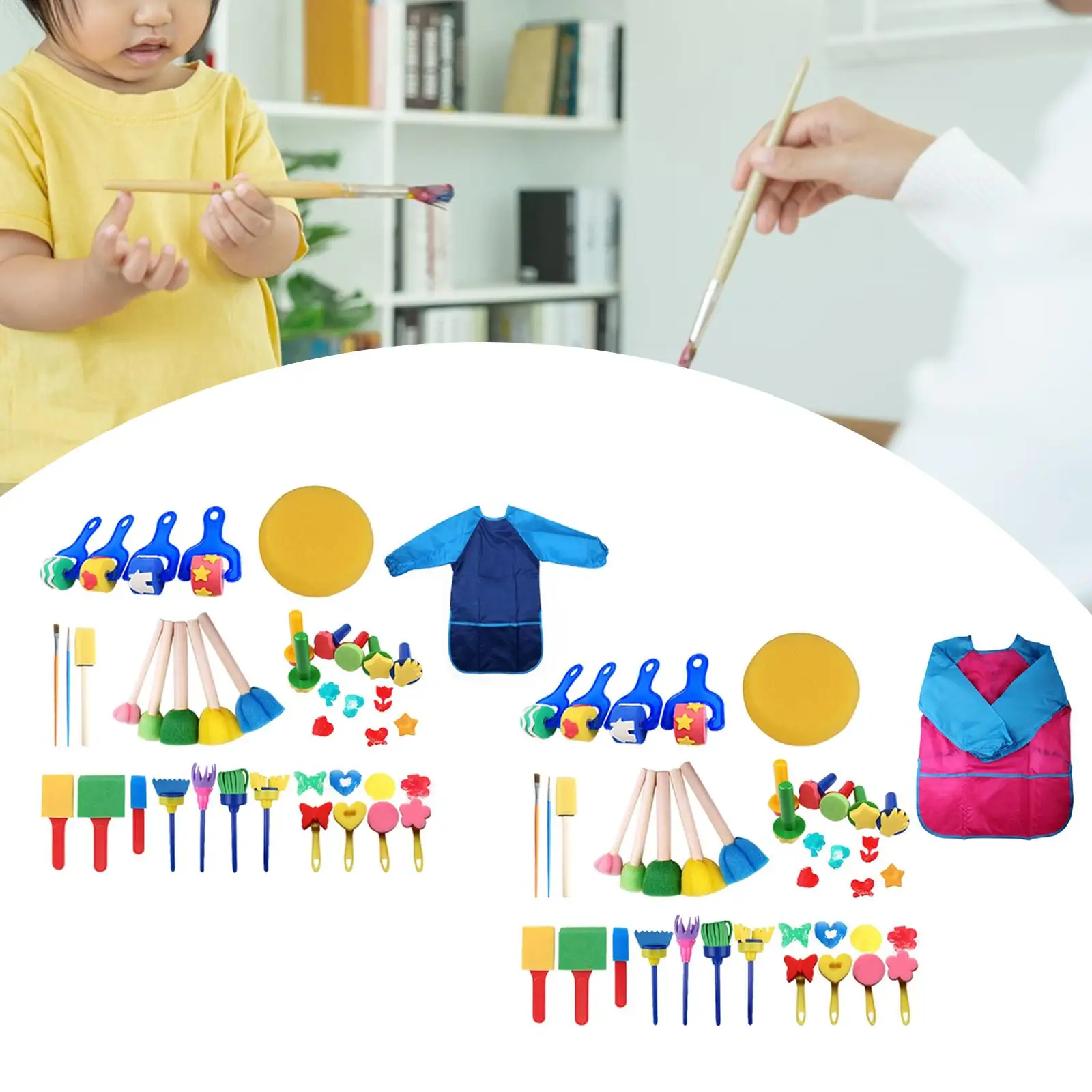 Spugne e pennelli per pittura per bambini con materiali artistici e grembiule