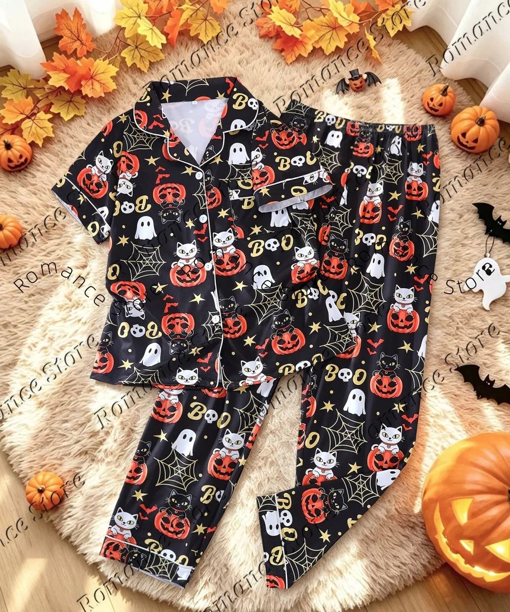 Halloween Theme Women Pajamas Cartoon Pumpkin Cat Spider Web Print Button Down Tops Long Pants Casual Men Nightwear Home Suit