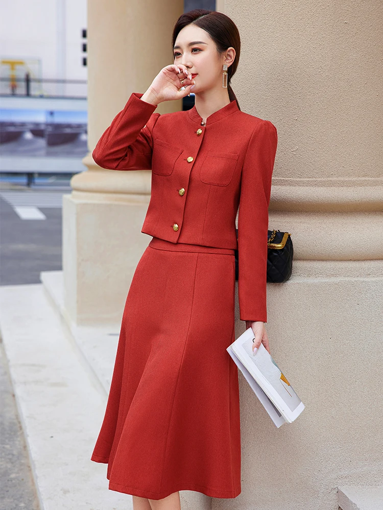 Elegant Spring Autumn Ladies Formal Skirt Suit Women Female Gray Red Green Black Long Sleeve Two Piece Set for Work Wear