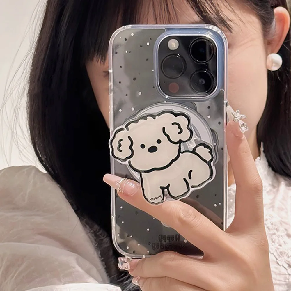 Cute Ink Splashing Puppy Magnetic Bracket Phone Case Fro IPhone 15 14 13 12 11 Pro Max Cartoon Transparent Shockproof Soft Cover