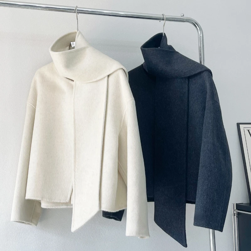 Oat-colored Double-faced Cashmere Wool Blended Coat Women\'s Scarf Wool Fabric Casual Fashion Loose French Dark Grey Short Coat
