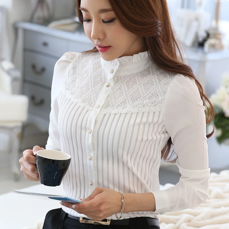 Formal White Blouses with Mock Neck, Button Up, Long Sleeve,Lace,Striped,Patchwork, Elegant Office Shirts,Korean Top,Spring Fall