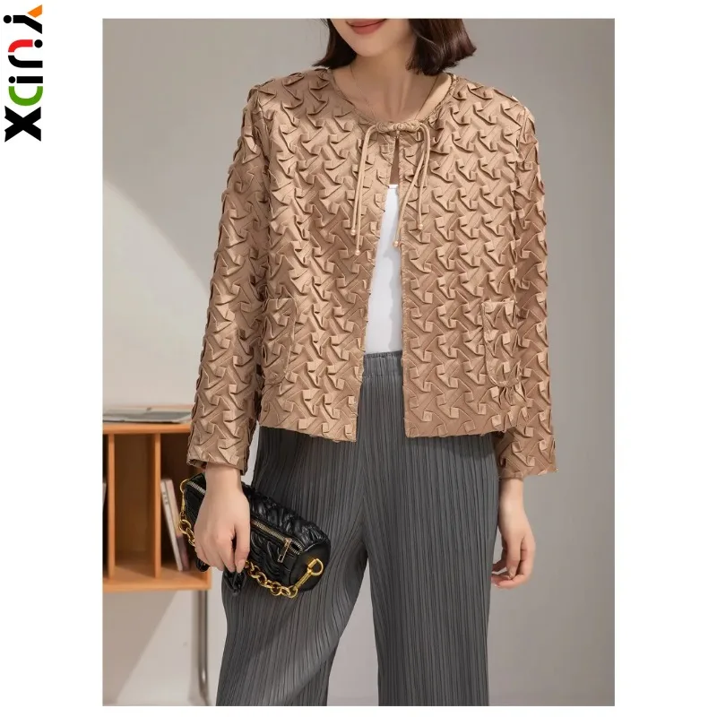 YUDX Miyake Pleated Round Collar Jackets Women Full Sleeve Single Button Pockets Versatile New 2024 Solid Color Autumn Female