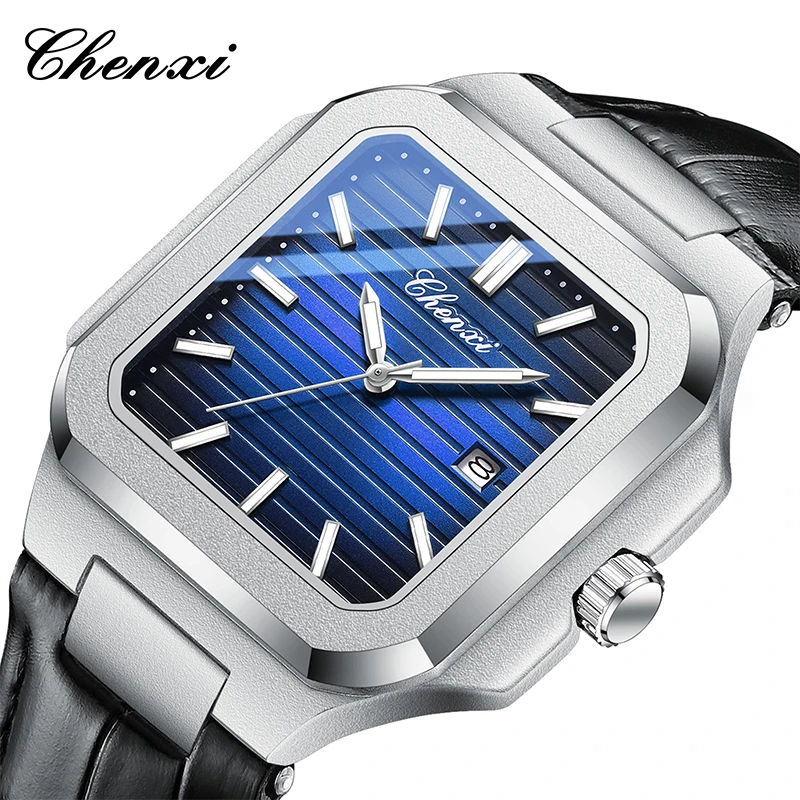 Mode élégant homme montre lumineux carré grand cadran montre-bracelet pour homme horloge étanche bracelet en cuir noir hommes montres