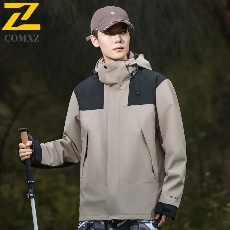 

Men's Colorblock Jacket Detachable Hood Waterproof Windproof Mountain Coat Outdoor Hiking Set Thermal Lined Winter Sports Wear