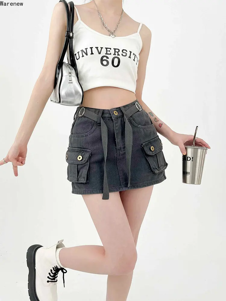 

Women Vintage Y2K Streetwear A-line Black Jeans Skirts 2023 Summer Casual All Match Loose High Waist Mini Denim Short Skirt