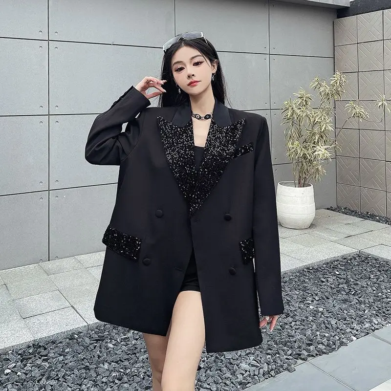 2026 New Woman Long-sleeved Casual All-Match Blazer Women's Jacket High-Quality Velvet Sequins Acetic Acid Splicing Suit Jacket