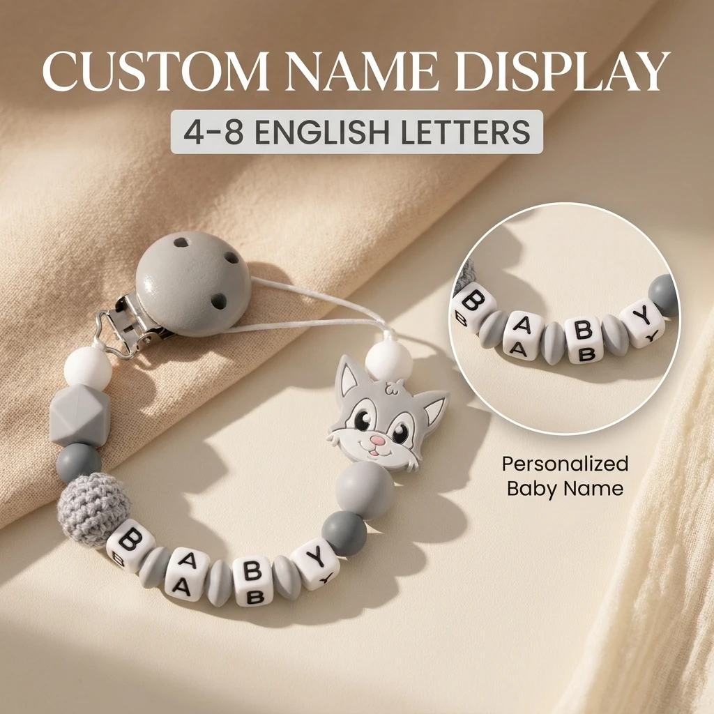 Personalized Baby Pacifier Clip Custom Name Wolf Silicone Teether Chain BPA Free Dummy Holder Newborn Gift