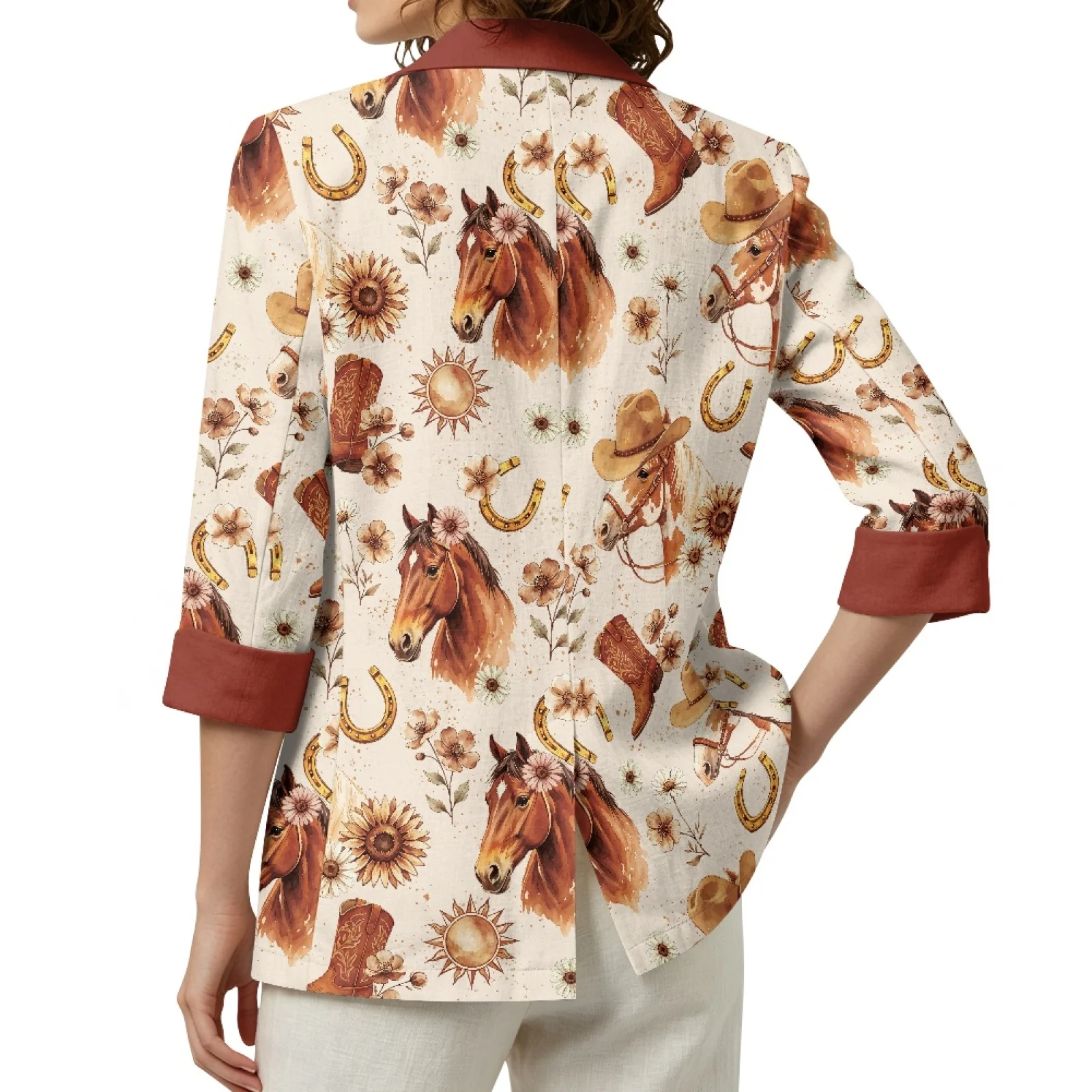 PENSTROLL Western Horse Print Thin Coat with Open Front, Linen Style Lightweight Tops Sizes S-3XL for Work and Daily Travel
