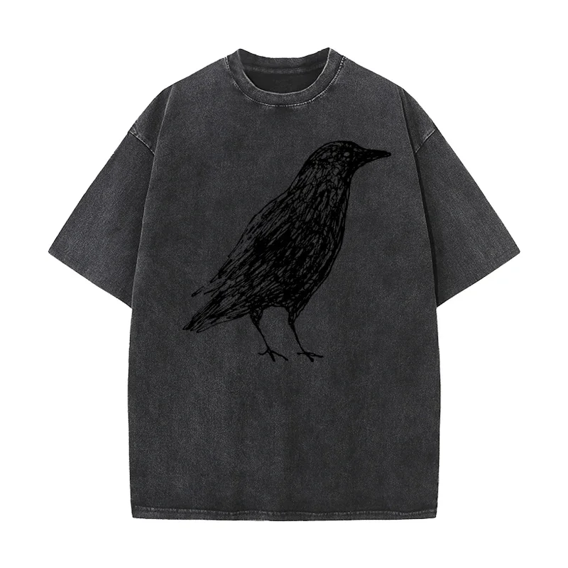 Danqi Yoyo Sketch Bird Graphic Crew Neck Washed Tshirts Tees Short Sleeve Classic 100% Cotton Funny Washed Mens T-Shirt
